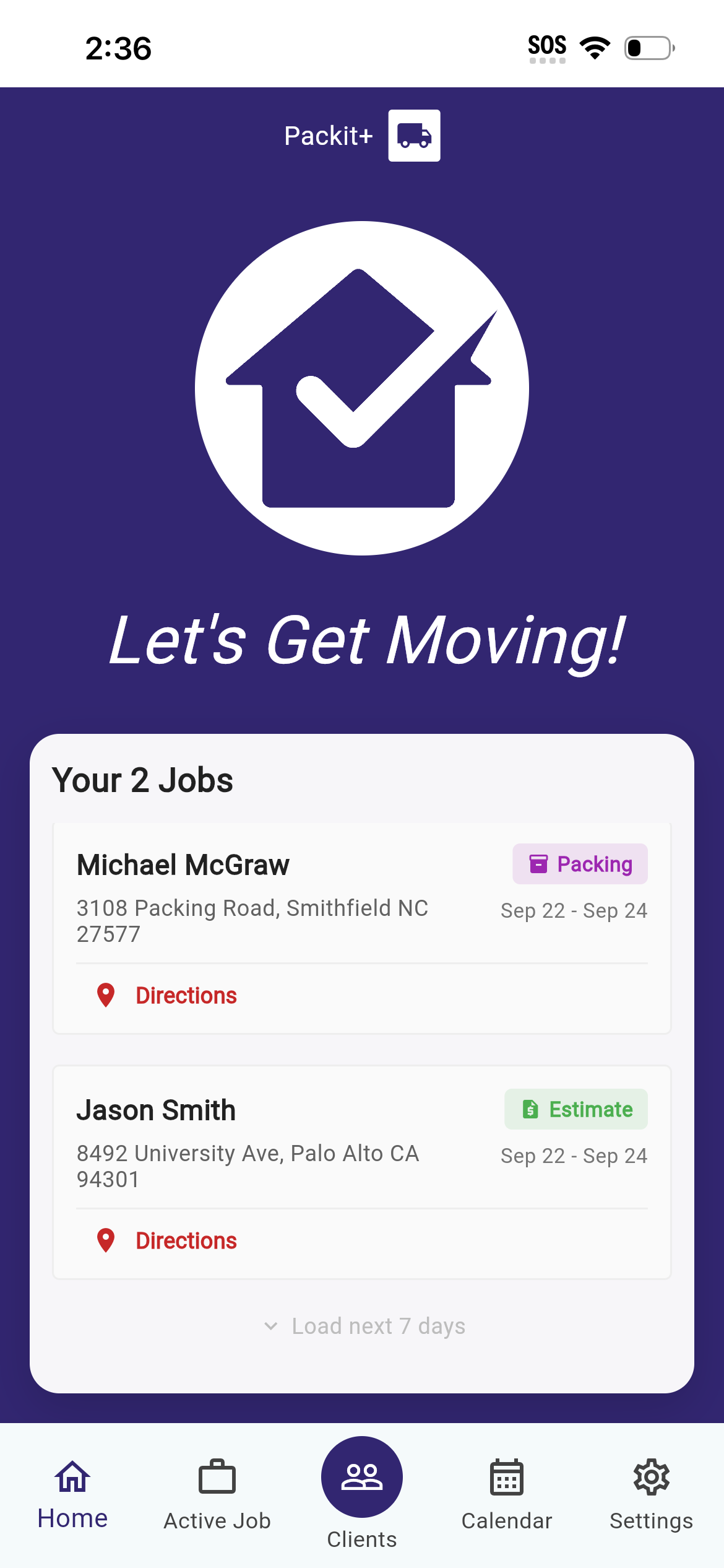 Packit+ app home screen showing active jobs